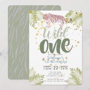 Wild One Tiger Khaki Green 1st Birthday Invitation