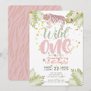 Wild One Tiger Pink Girl 1st Birthday Invitation