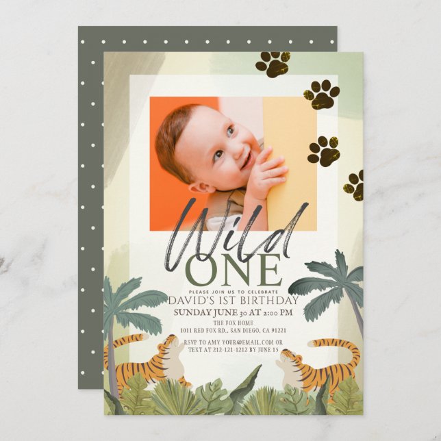 Wild One Tiger Safari Jungle 1st Birthday Photo Invitation (Front/Back)