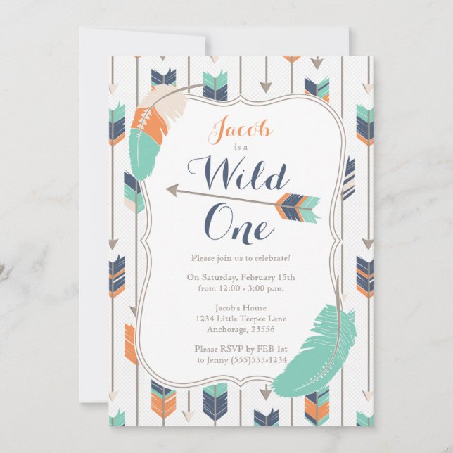 Wild ONE Tribal Arrows Birthday Party Blue Green Invitation (Front)