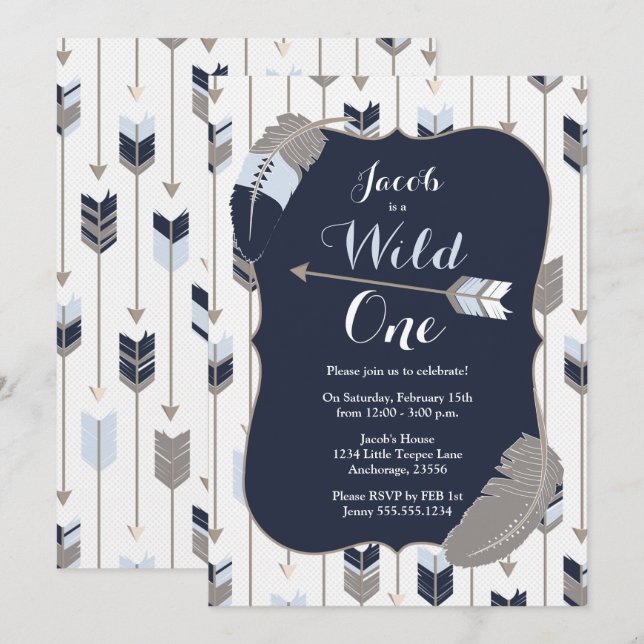 Wild ONE Tribal Arrows Birthday Party Blue Grey Invitation (Front/Back)