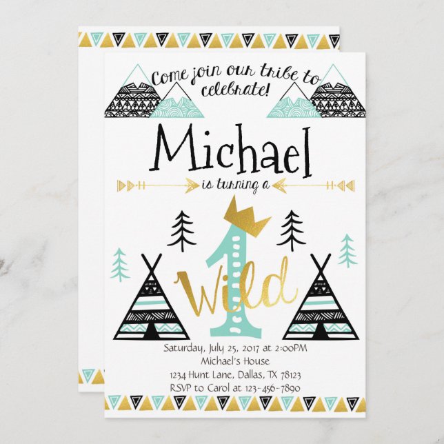 Wild One Tribal Birthday Party Invitation Boy (Front/Back)