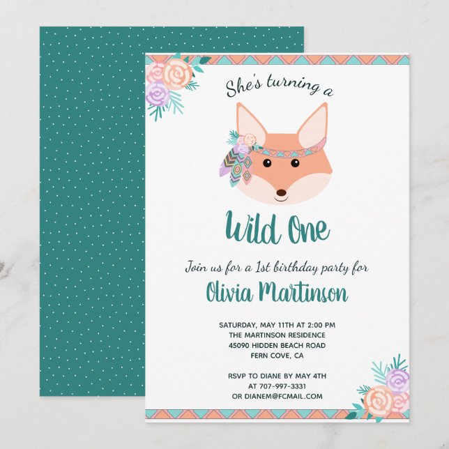 Wild One Tribal Boho Aztec Girl 1st Birthday Party Invitation (Front/Back)