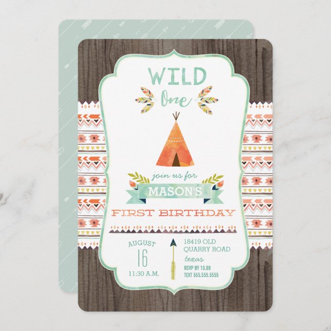 Wild One Tribal Boy Birthday Party Invitations (Front/Back)