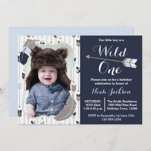 Wild One Tribal First Birthday Blue Photo Invitation