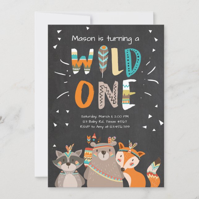 Wild One Tribal First birthday invitation Woodland (Front)