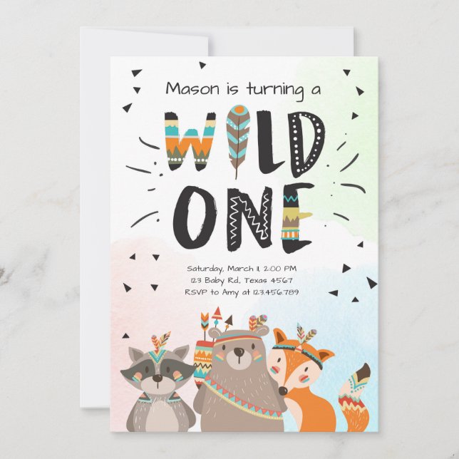 Wild One Tribal First birthday invitation Woodland (Front)