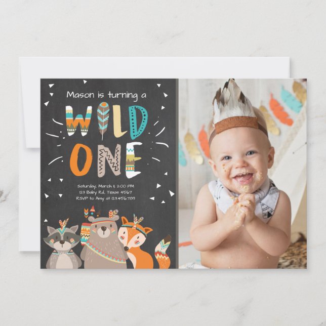 Wild One Tribal First birthday invitation Woodland (Front)