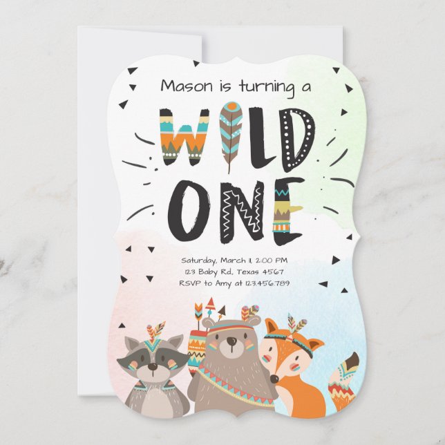 Wild One Tribal First birthday invitation Woodland (Front)