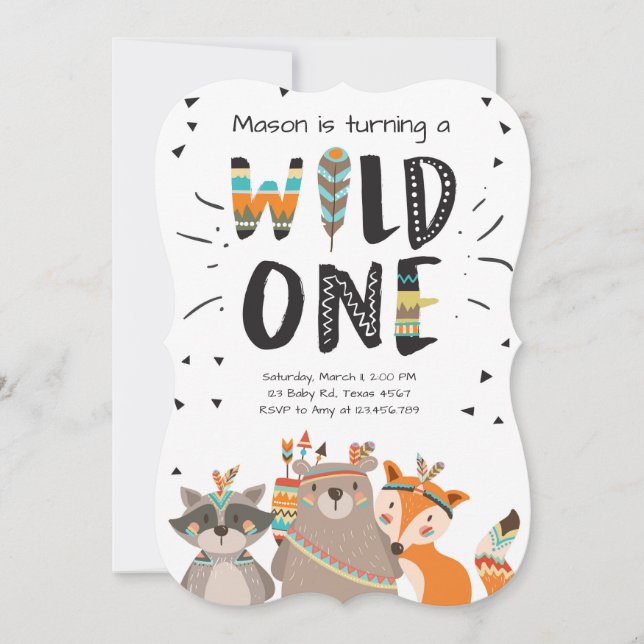 Wild One Tribal First birthday invitation Woodland (Front)
