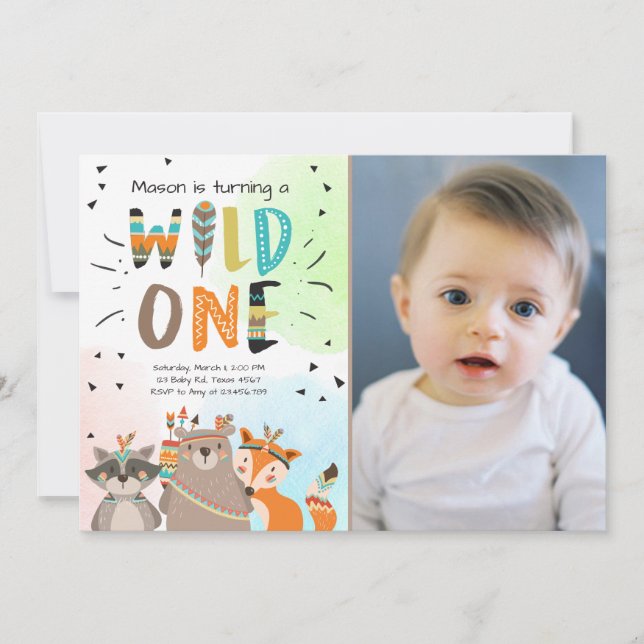 Wild One Tribal First birthday invitation Woodland (Front)