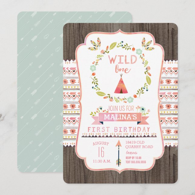 Wild One Tribal Girl Birthday Party Invitations (Front/Back)