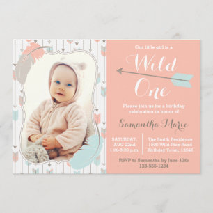 Wild One Tribal Girl First Birthday Pink Photo Invitation