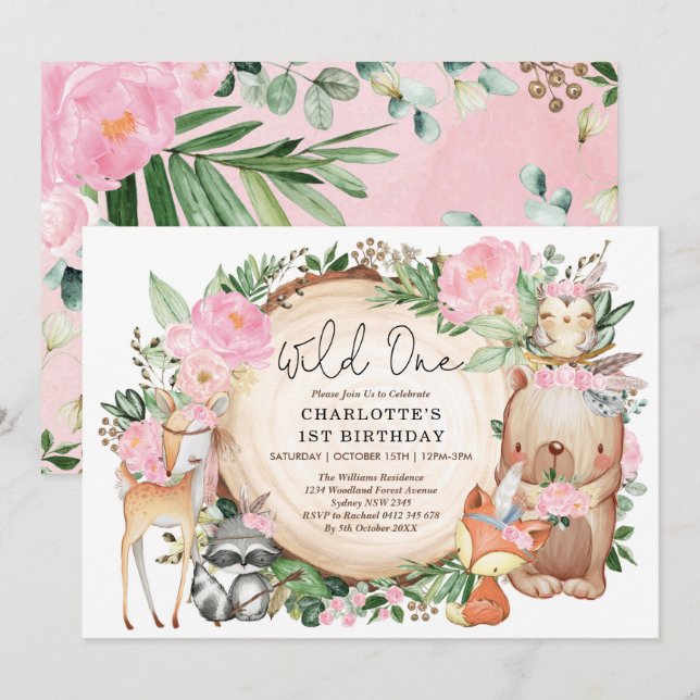 Wild One Tribal Woodland Animals Girl 1st Birthday Invitation (Front/Back)