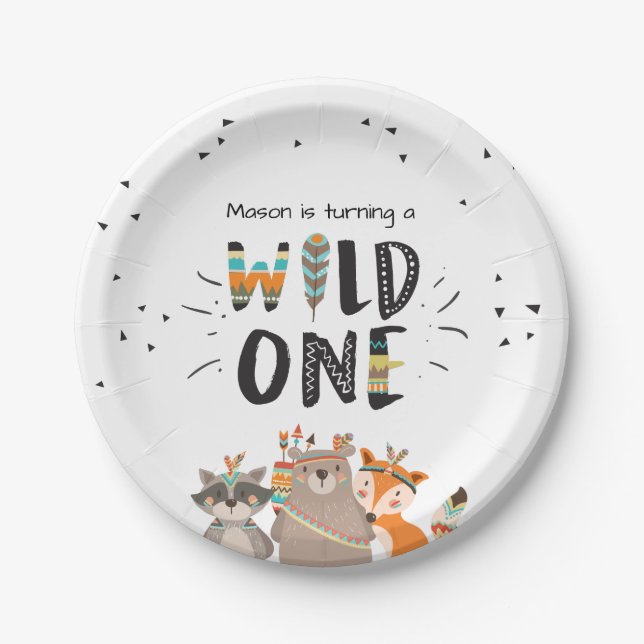 Wild One Tribal Woodland birthday Paper Plates (Front)