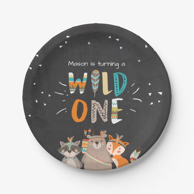 Wild One Tribal Woodland birthday Paper Plates (Front)