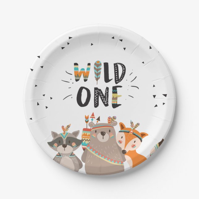 Wild One Tribal Woodland birthday Paper Plates (Front)