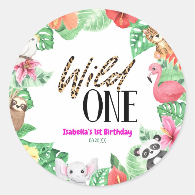 Wild One Tropical Animal 1st Birthday Party Classic Round Sticker (Front)