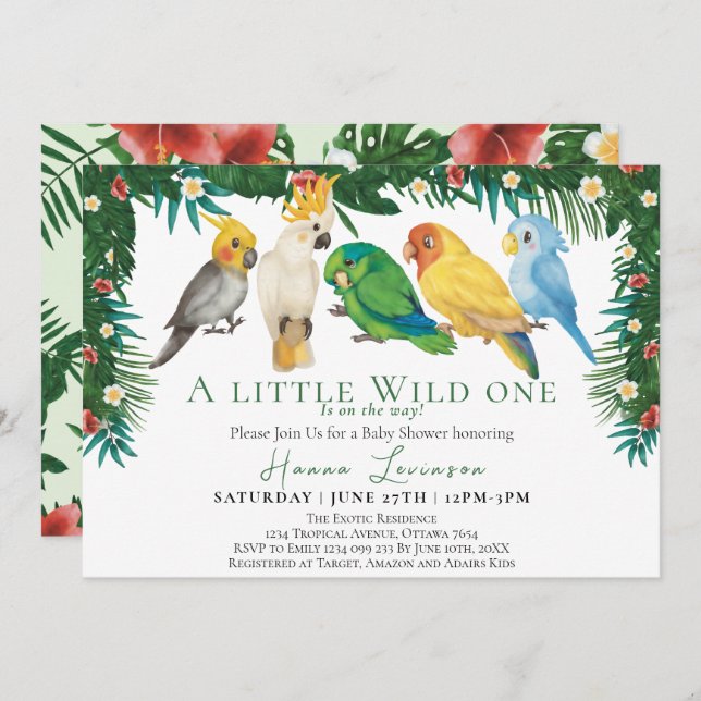 Wild One Tropical Exotic Parrots Baby Shower Invitation (Front/Back)
