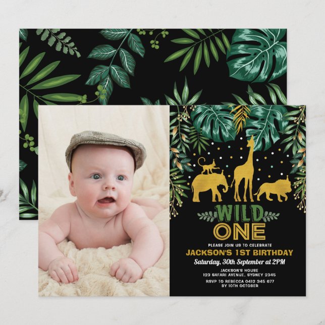 Wild One Tropical Jungle Safari 1st Birthday Party Invitation (Front/Back)