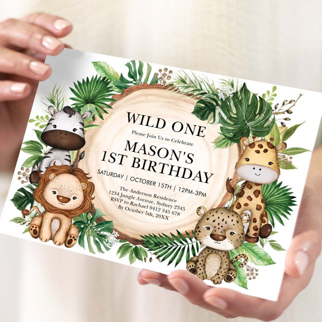 Wild One Tropical Jungle Safari Animals Birthday Invitation (Creator Uploaded)