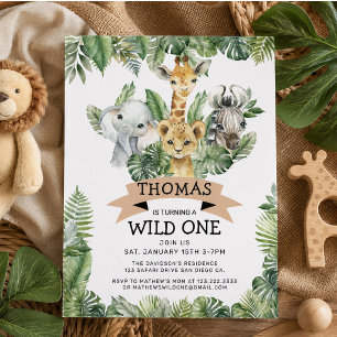 Wild One Tropical Jungle Safari Birthday Invitation