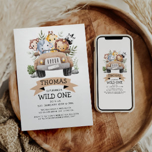 Wild One Tropical Jungle Safari Birthday Invitation