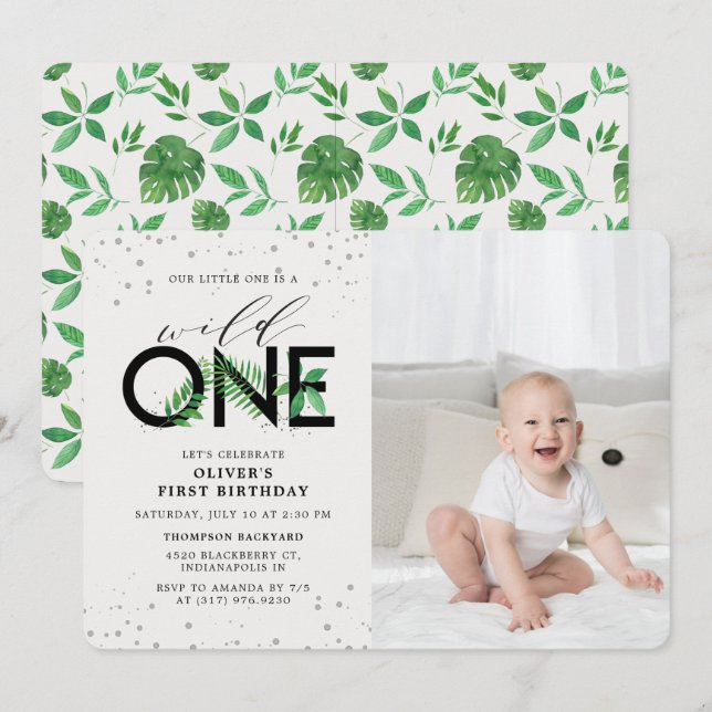 Wild One Tropical Modern 1st Birthday Photo Invitation (Front/Back)