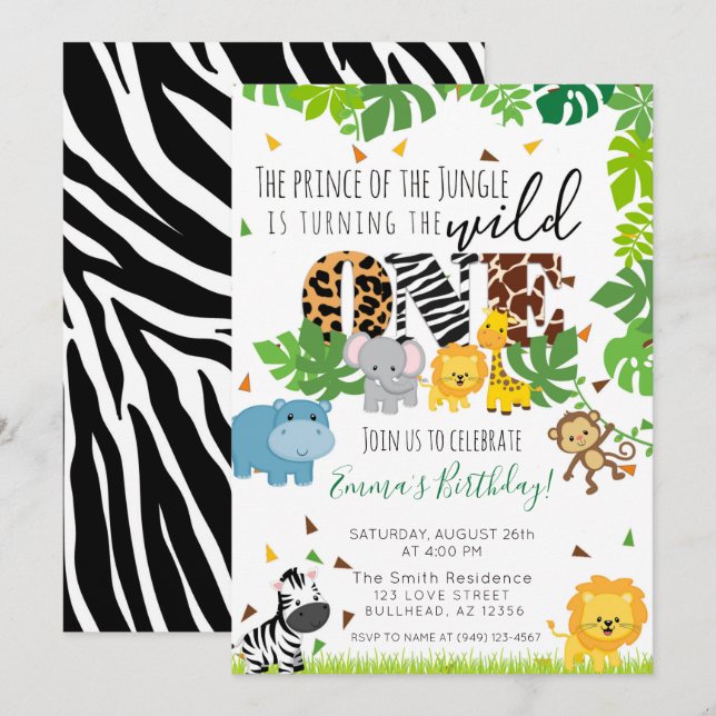 Wild One Tropical Safari Animal 1st Birthday Invitation (Front/Back)