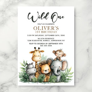 Wild One Tropical Safari Animals 1st Birthday Invitation