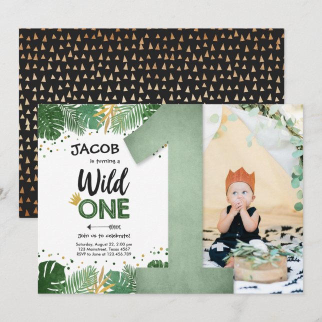 Wild One Tropical Safari Boy Gold First Birthday Invitation (Front/Back)