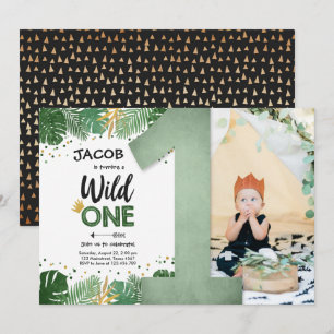 Wild One Tropical Safari Boy Gold First Birthday Invitation