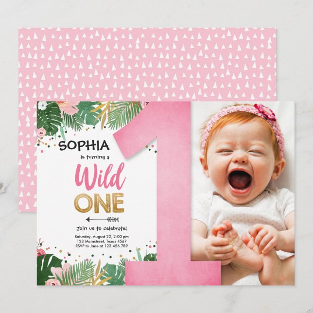 Wild One Tropical Safari Girl Pink First Birthday Invitation (Front/Back)