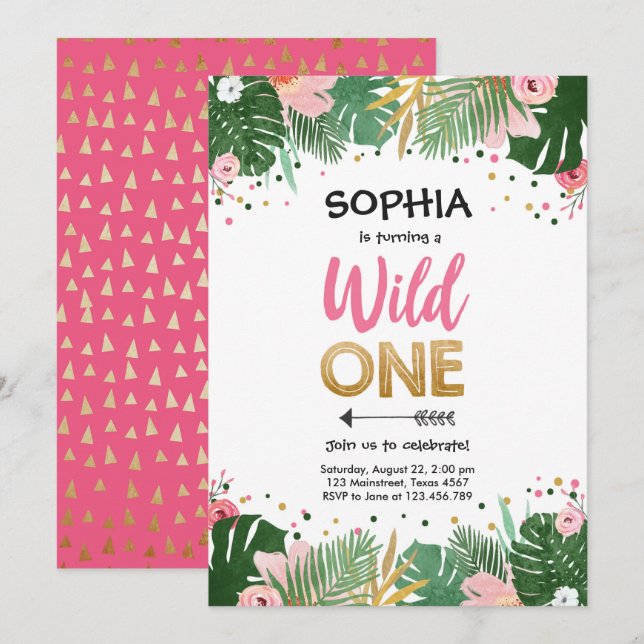 Wild One Tropical Safari Pink Girl First Birthday Invitation (Front/Back)