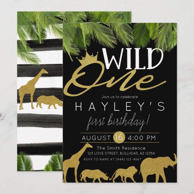 Wild One Tropical Wild Things Black White Stripe Invitation (Front/Back)