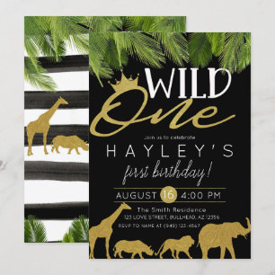 Wild One Tropical Wild Things Black White Stripe Invitation