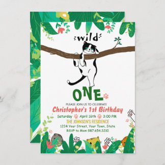 Wild One Tuxedo Kitty Kids 1st Birthday Invitation