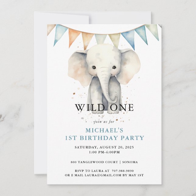 Wild One Watercolor Elephant Blue 1st Birthday Invitation (Front)