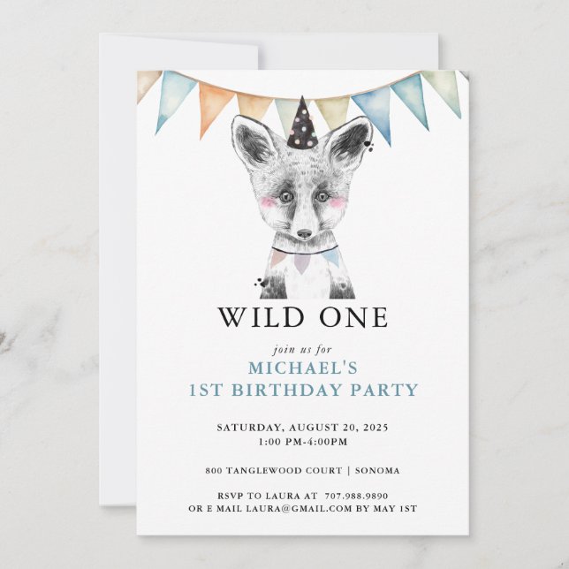 Wild One Watercolor Fox Blue 1st Birthday Invitation (Front)