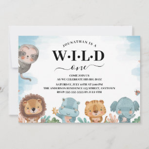 Wild One Watercolor Jungle Animals 1st Birthday  Invitation
