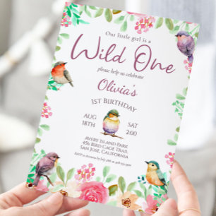 Wild One Watercolor Little Girl Bird 1st Birthday Invitation