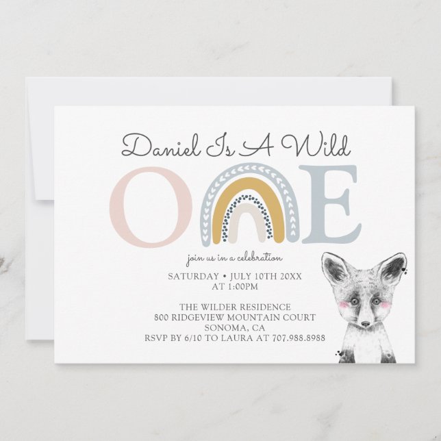 Wild One Watercolor Rainbow Boy's First Birthday Invitation (Front)