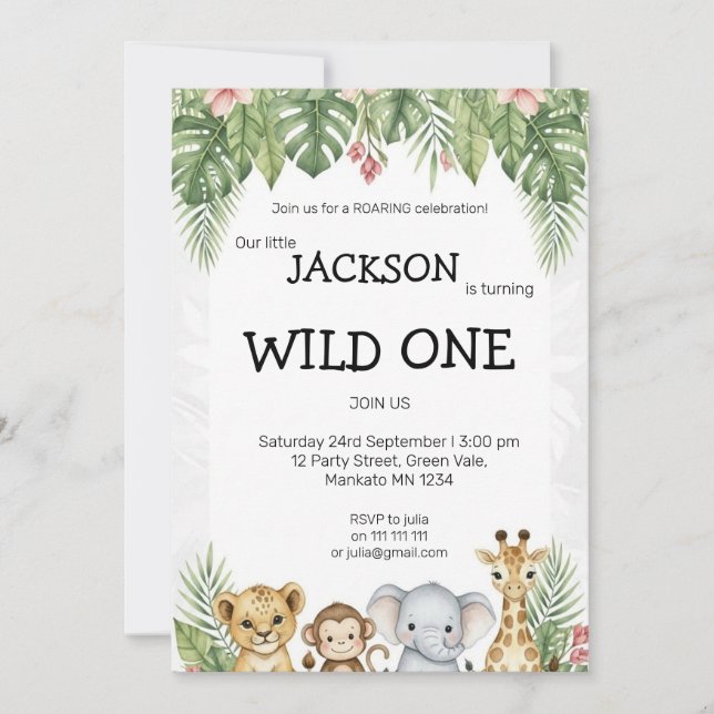 Wild One Watercolor Safari 1st Birthday Invite (Front)