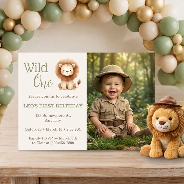 Wild One Watercolor Safari Lion 1st Birthday Photo Invitation (Wild One Watercolor Safari Lion 1st Birthday Photo Invitation)