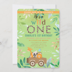 Wild One Watercolour Safari Animals 1st Birthday Invitation