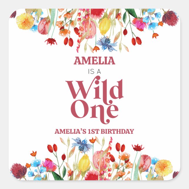 Wild One Wildflower First 1st Birthday Party Favou Square Sticker (Front)