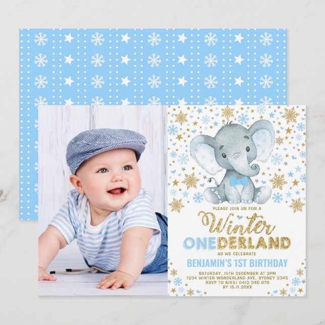 Wild One Winter ONEderland Elephant Boy Birthday Invitation (Front/Back)