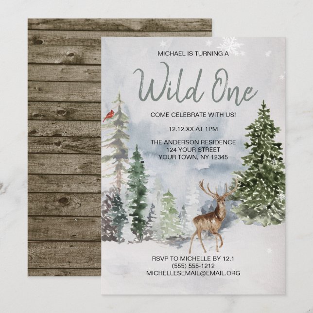 Wild One Winter Woodland Deer First Birthday Invitation (Front/Back)