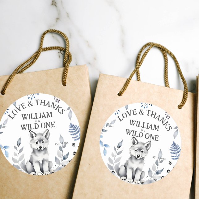 Wild One wolf themed birthday party favour Classic Round Sticker (Wolf themed birthday party favor gift stickers cute grey wolf cub thank you stickers woodlands)