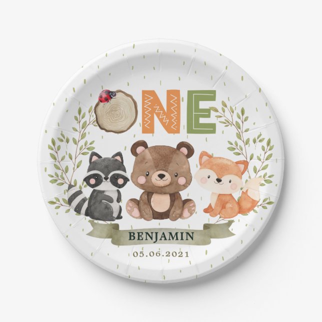 Wild One Woodland 1st Birthday Paper Plate (Front)
